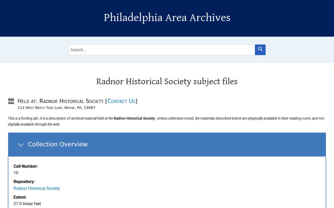 Radnor Township city directory research finding aid for Historical Society files