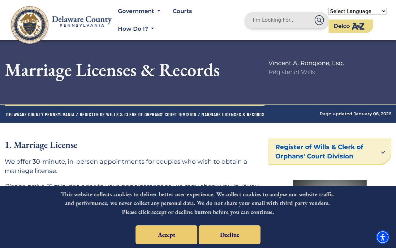 Radnor Township previous residents marriage-record access information