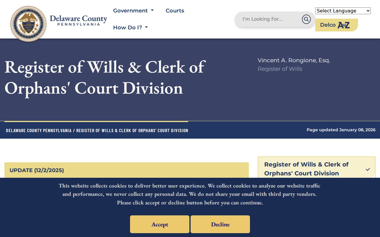 Radnor Township previous residents Register of Wills and Orphans Court access route