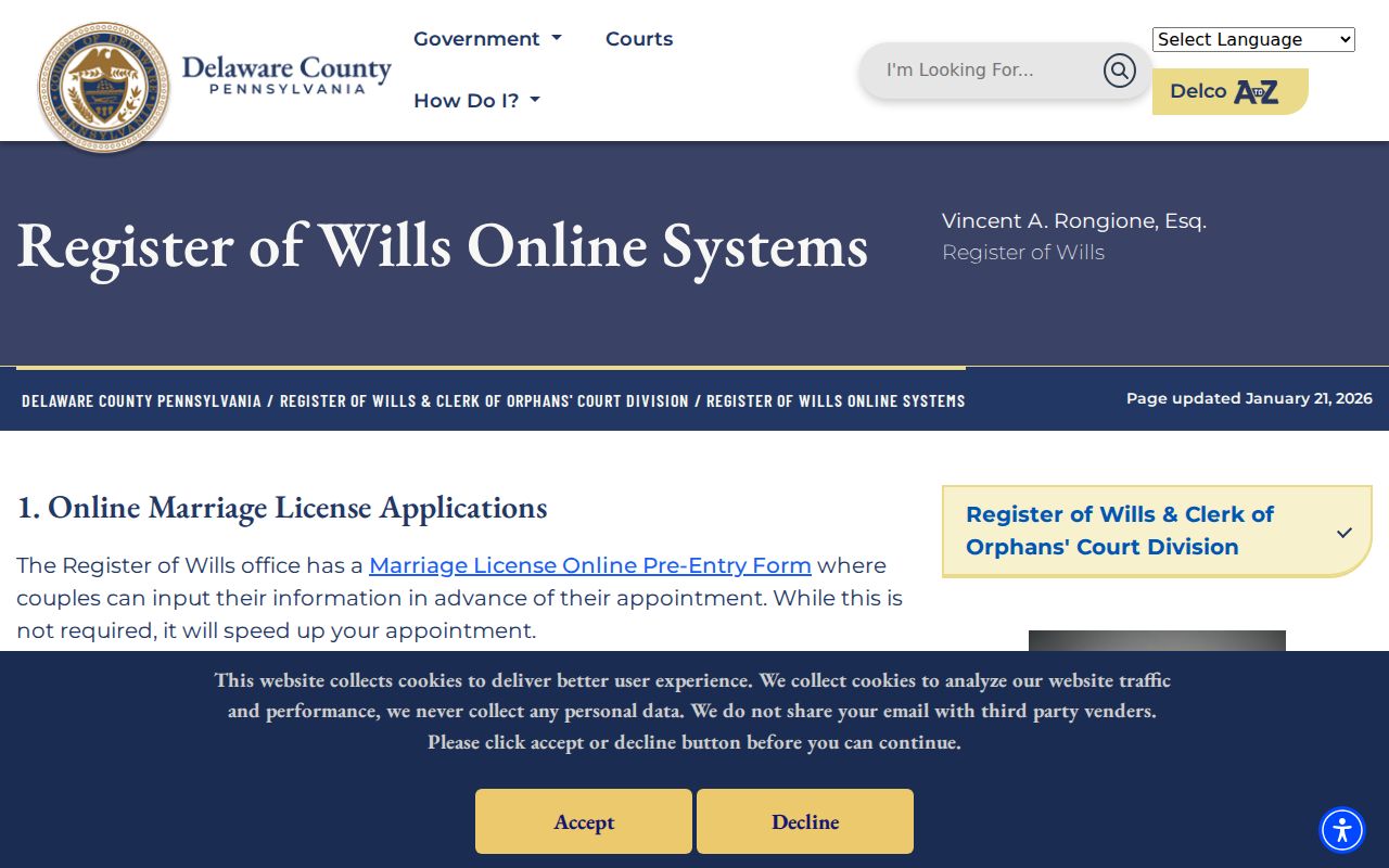 Radnor Township previous residents Register of Wills online search instructions