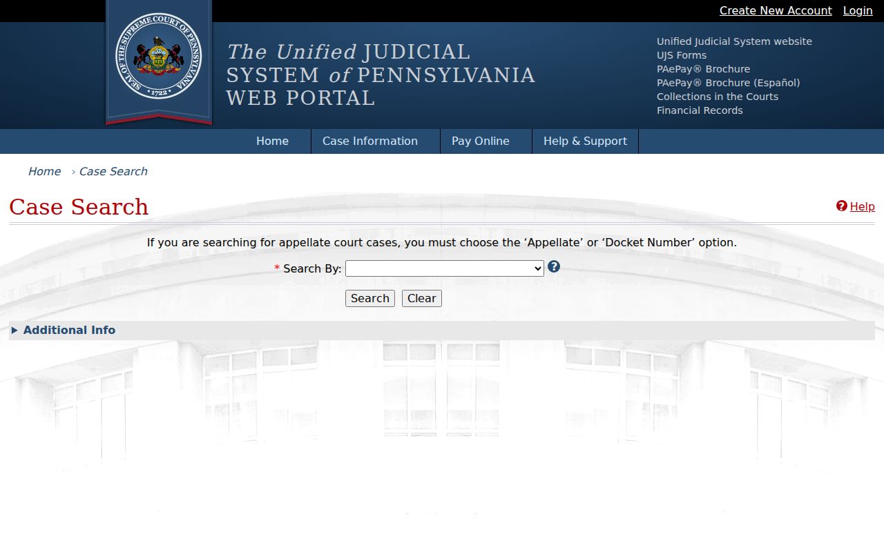 Radnor Township resident lookup Pennsylvania UJS Case Search screen