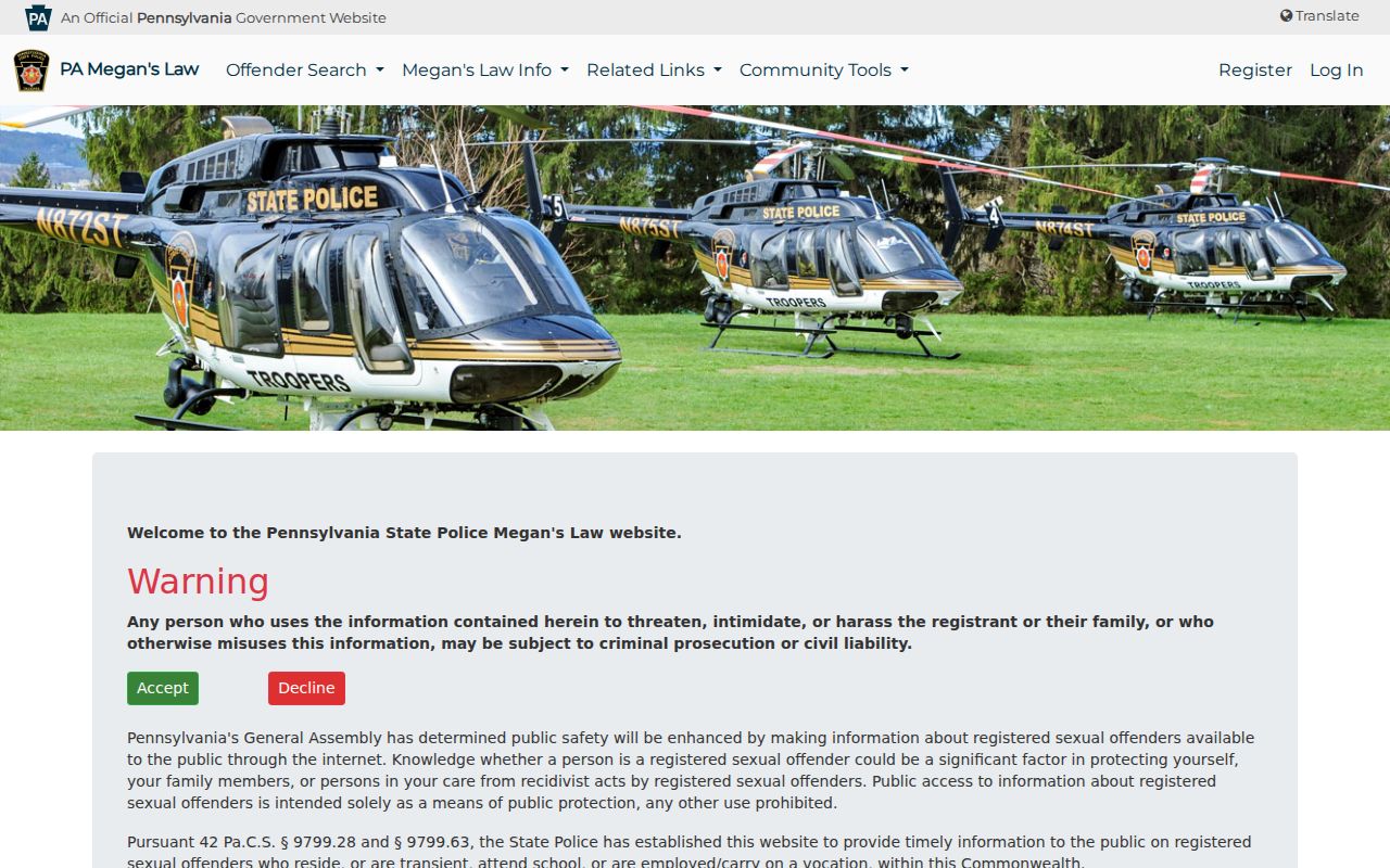 Radnor Township resident lookup Pennsylvania State Police registry public safety notice